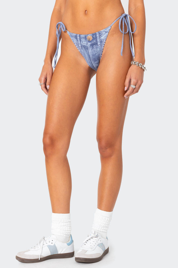 Edikted Denim Printed String Bikini Bottom Blue
