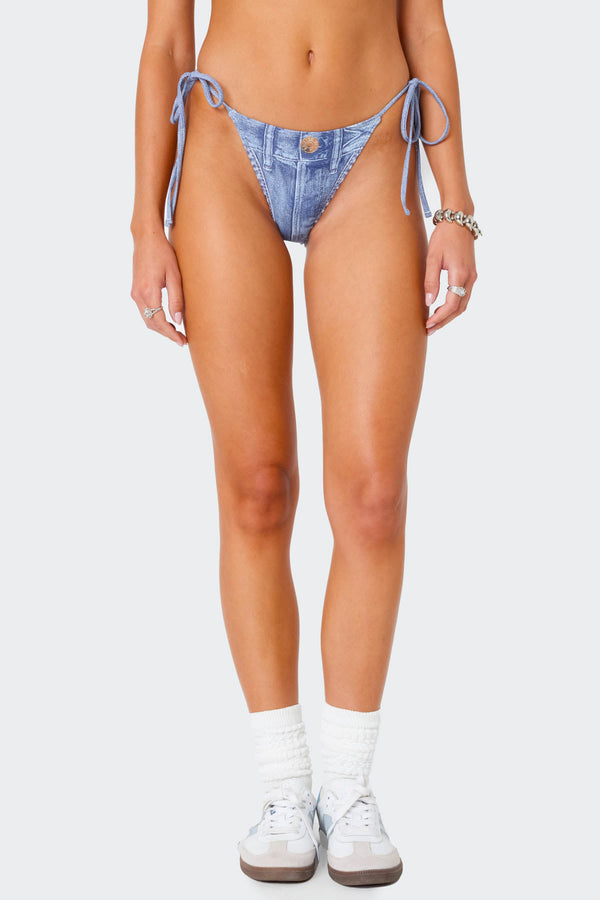 Edikted Denim Printed String Bikini Bottom Blue