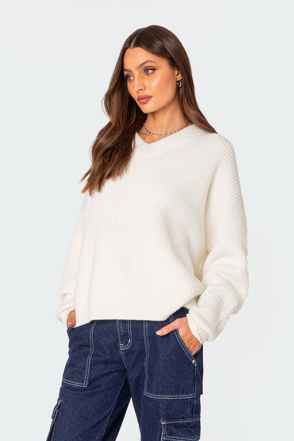 Edikted Denny Oversized V Neck Sweater White