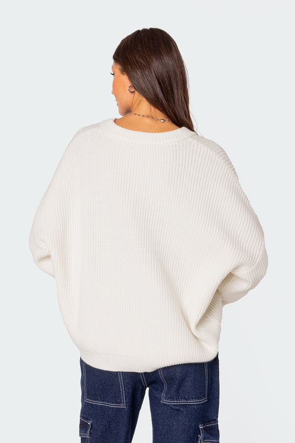 Edikted Denny Oversized V Neck Sweater White