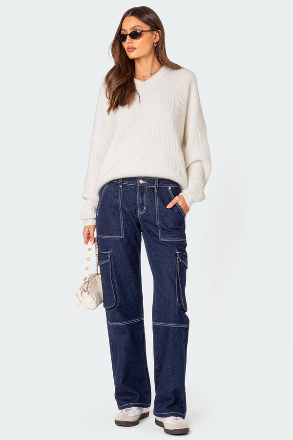 Edikted Denny Oversized V Neck Sweater White
