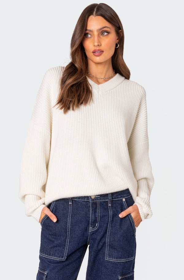 edikted Denny Oversized V Neck Sweater white