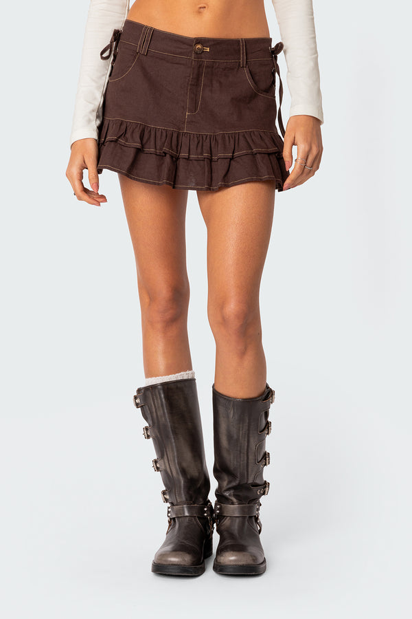 Edikted Dev Ruffle Linen Look Mini Skirt Brown
