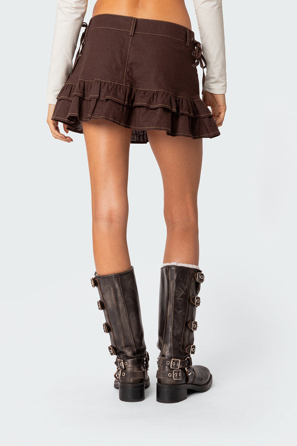 Edikted Dev Ruffle Linen Look Mini Skirt Brown