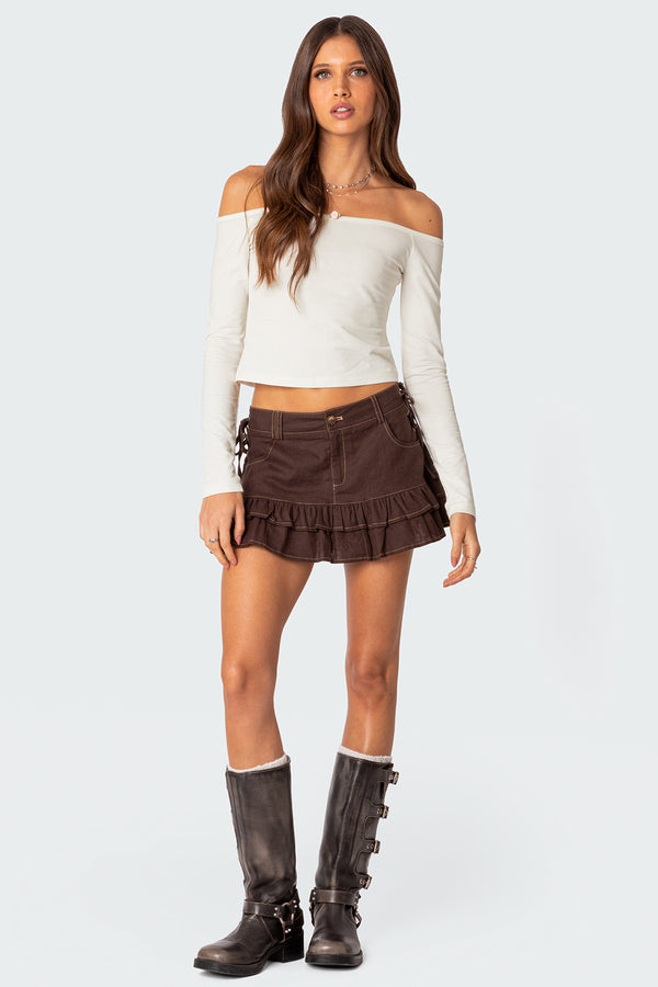 edikted Dev Ruffle Linen Look Mini Skirt brown