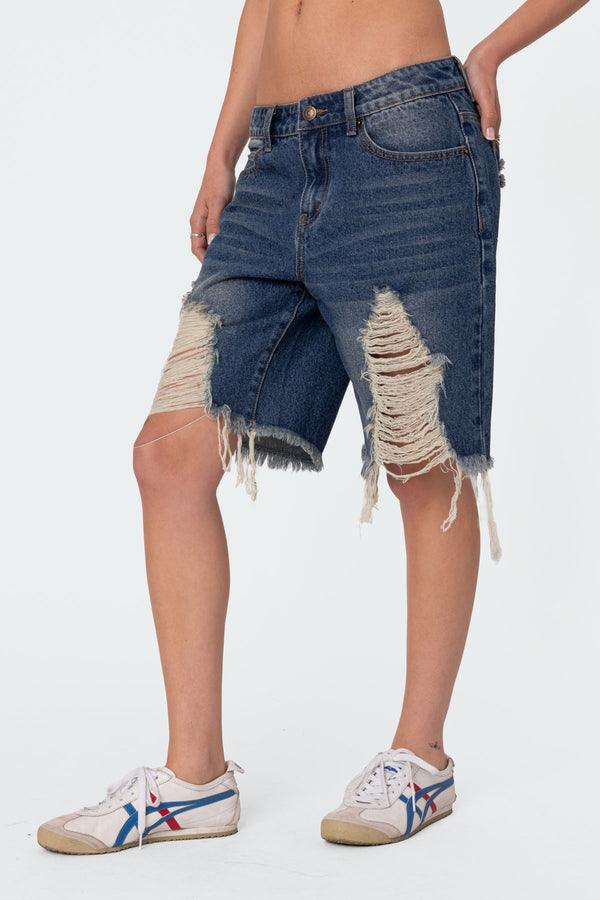 Edikted Distressed Denim Bermuda Shorts Blue