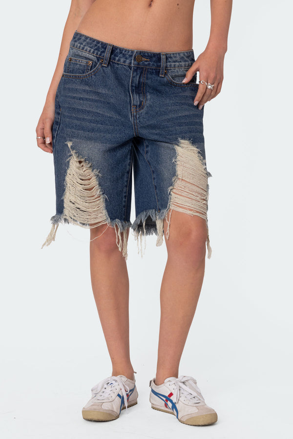 Edikted Distressed Denim Bermuda Shorts Blue