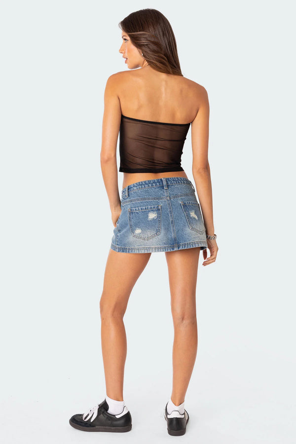 Edikted Distressed Denim Mini Skirt Blue