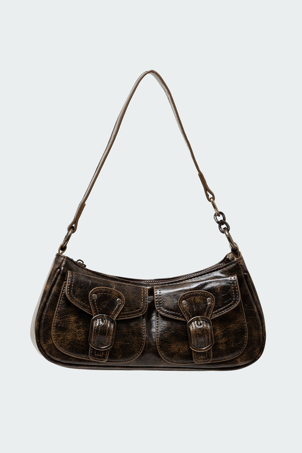 Edikted Distressed Faux Leather Buckle Bag Brown