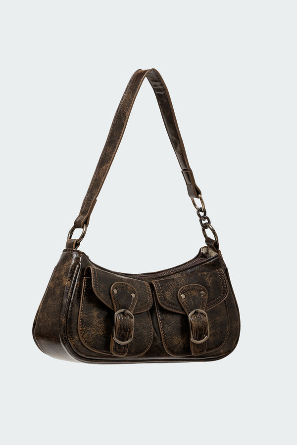 Edikted Distressed Faux Leather Buckle Bag Brown