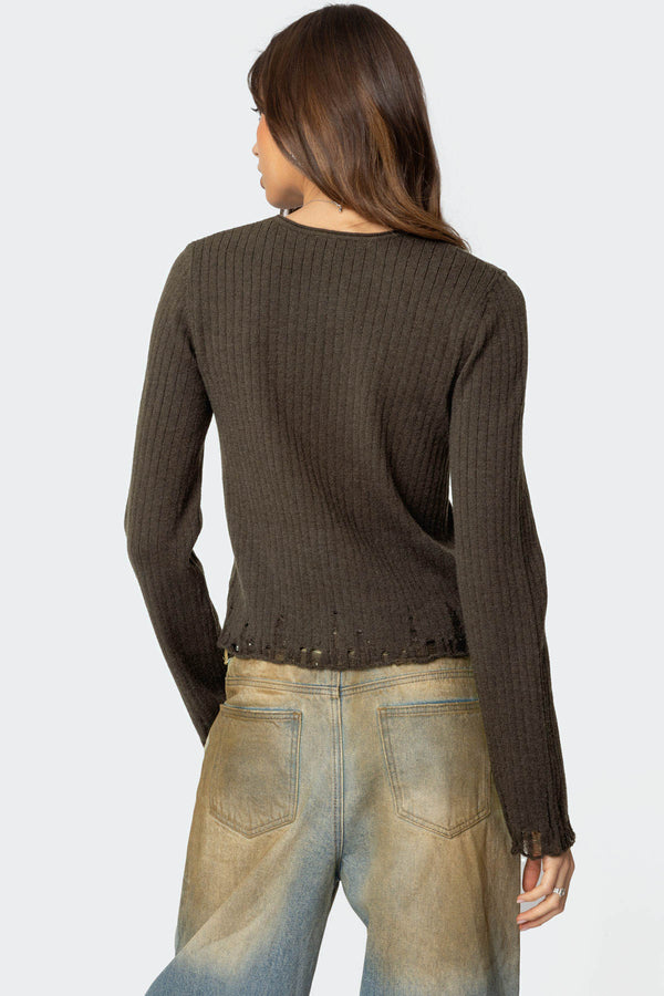Edikted Distressed Ribbed Knit Sweater Olive