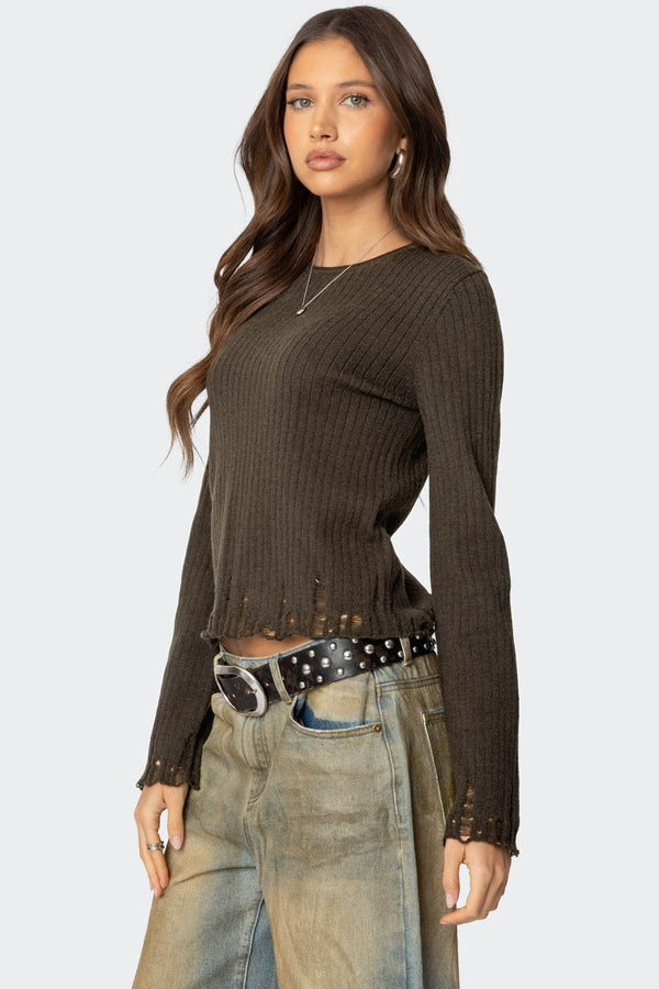 Edikted Distressed Ribbed Knit Sweater Olive