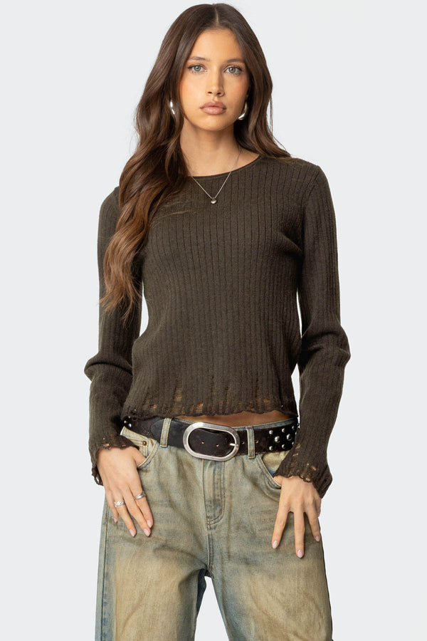 edikted Distressed Ribbed Knit Sweater olive
