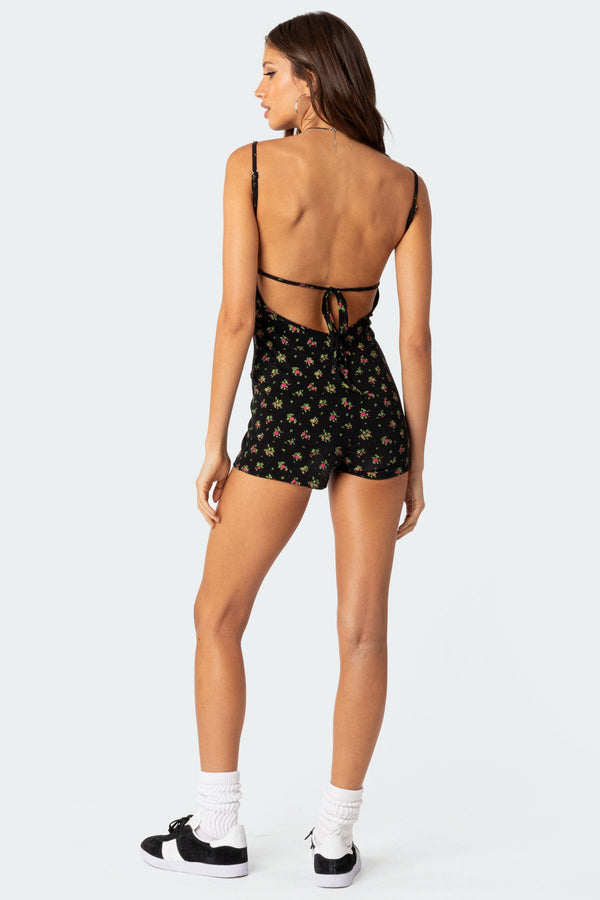 Edikted Ditsy Open Back Tie Romper Black