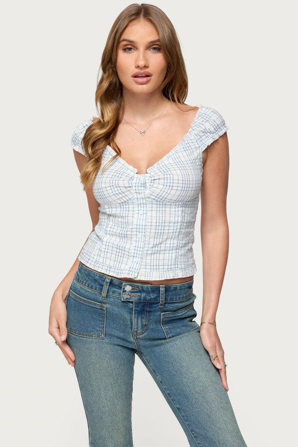 Edikted Dolsy Plaid Button Up Top Blue