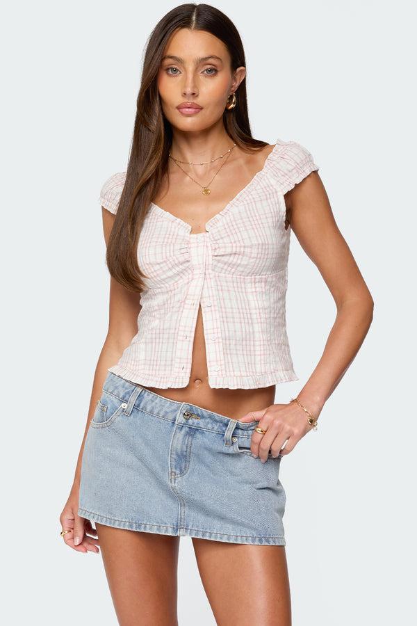 edikted Dolsy Plaid Button Up Top pink