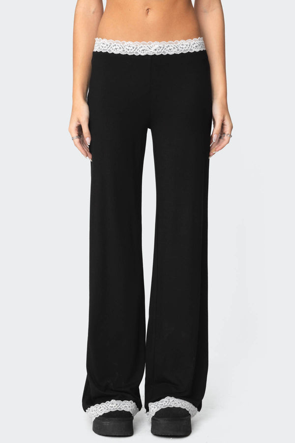 Edikted Domino Contrast Lace Trim Pants Black