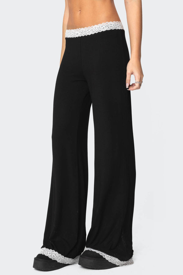 Edikted Domino Contrast Lace Trim Pants Black