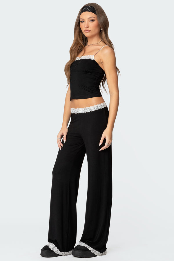 Edikted Domino Contrast Lace Trim Tank Top Black