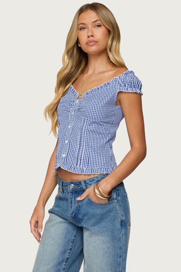 Edikted Dorothie Gingham Button Up Top Navy