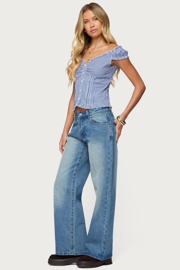 Edikted Dorothie Gingham Button Up Top Navy