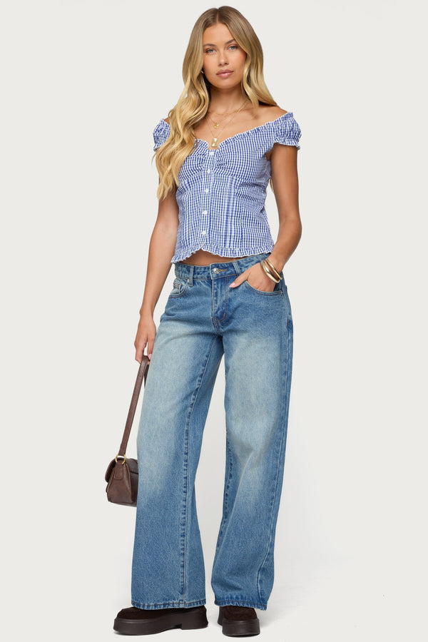 Edikted Dorothie Gingham Button Up Top Navy