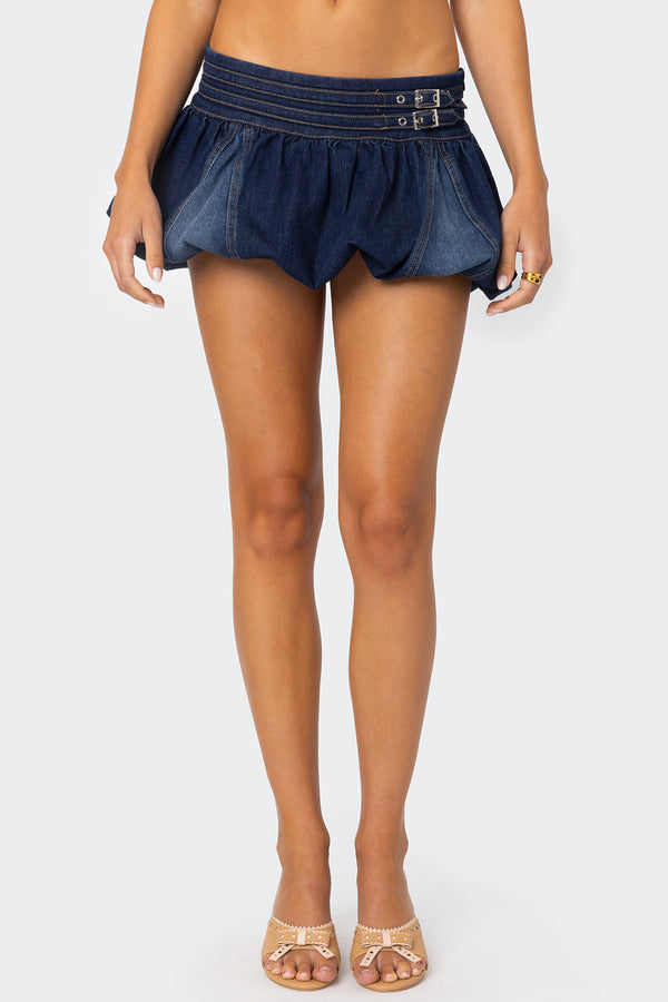Edikted Double Belted Denim Bubble Skort Blue