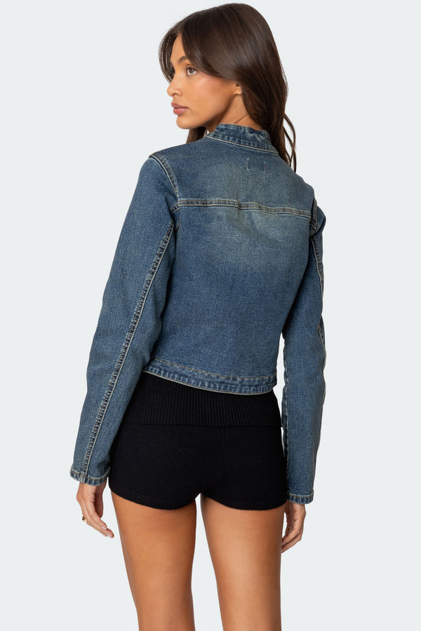 Edikted Double Buckle Denim Jacket Blue
