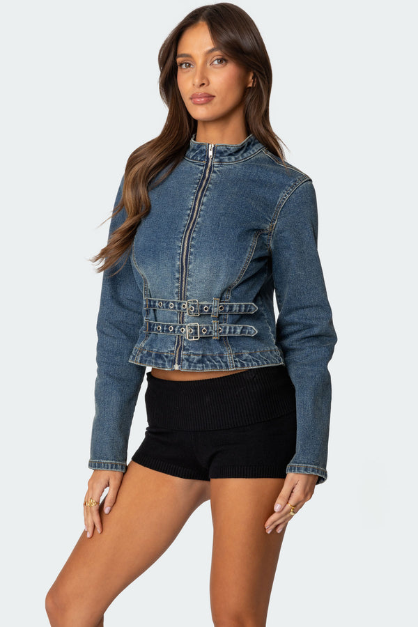 Edikted Double Buckle Denim Jacket Blue