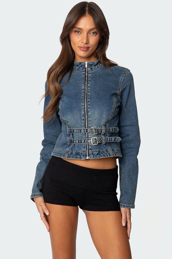 edikted Double Buckle Denim Jacket blue