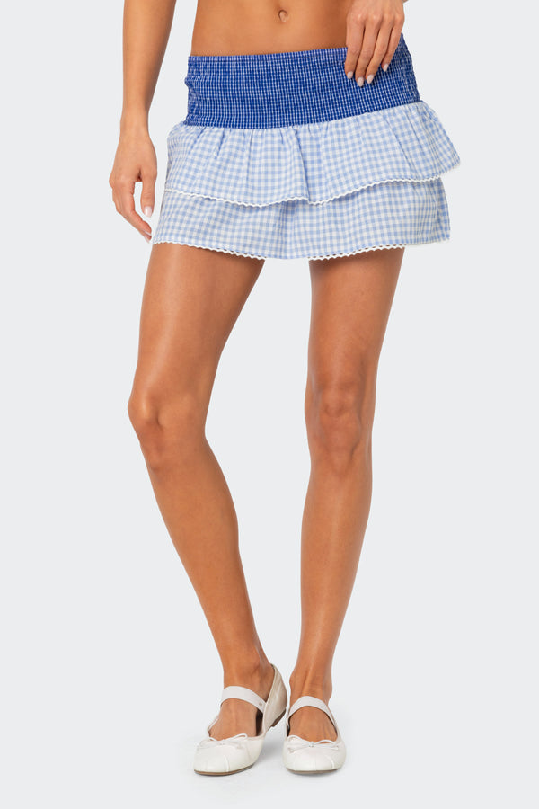 Edikted Double Gingham Ruffled Mini Skirt Blue