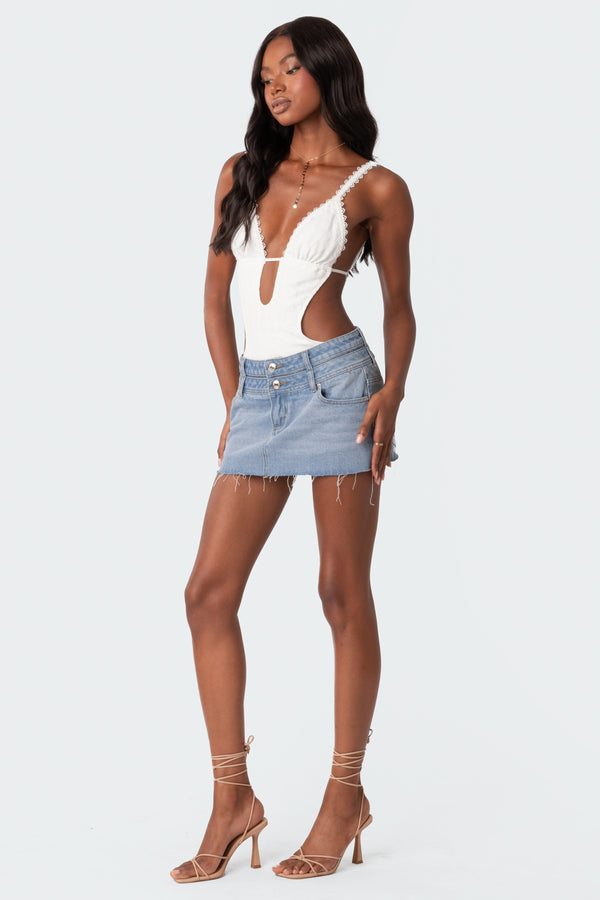Edikted Double Waist Denim Mini Skirt Blue