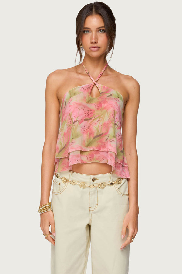 edikted Dragon Lily Layered Chiffon Halter top mix