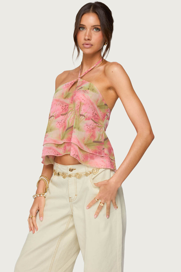 Edikted Dragon Lily Layered Chiffon Halter Top Mix