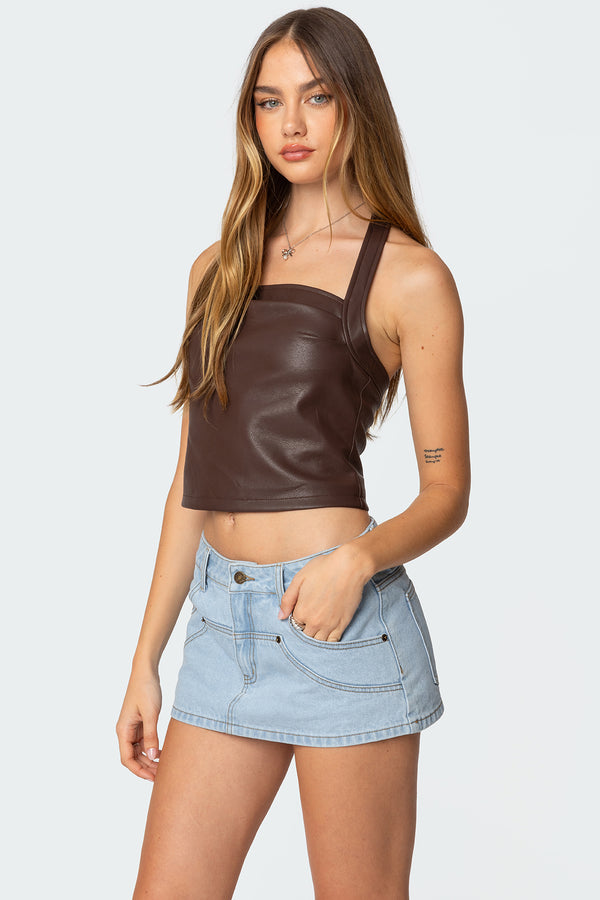 Edikted Draped Faux Leather Halter Top Brown
