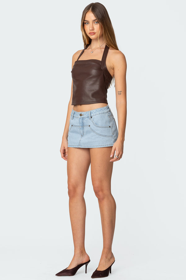 Edikted Draped Faux Leather Halter Top Brown