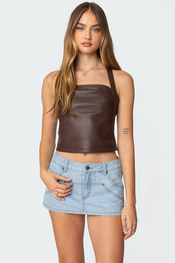 edikted Draped Faux Leather Halter Top brown