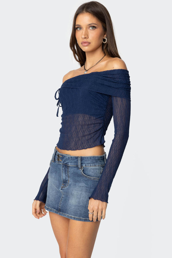 Edikted Drawstring Fold Over Sheer Top Navy