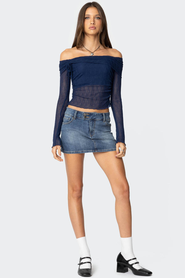 Edikted Drawstring Fold Over Sheer Top Navy