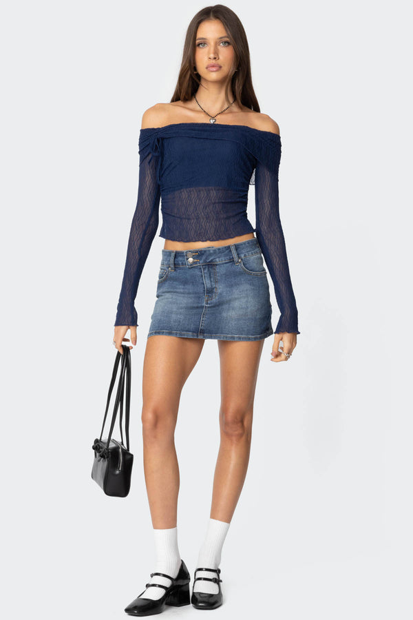 Edikted Drawstring Fold Over Sheer Top Navy