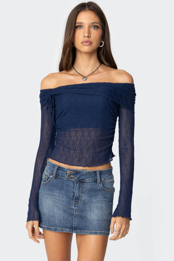 edikted Drawstring Fold Over Sheer Top navy