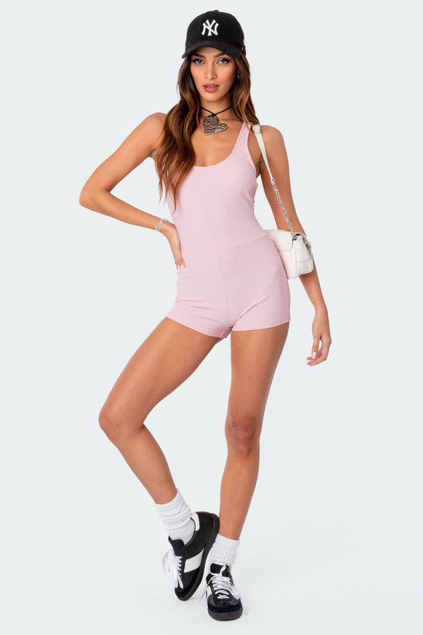 Edikted Drea Open Back Ribbed Romper Light Pink