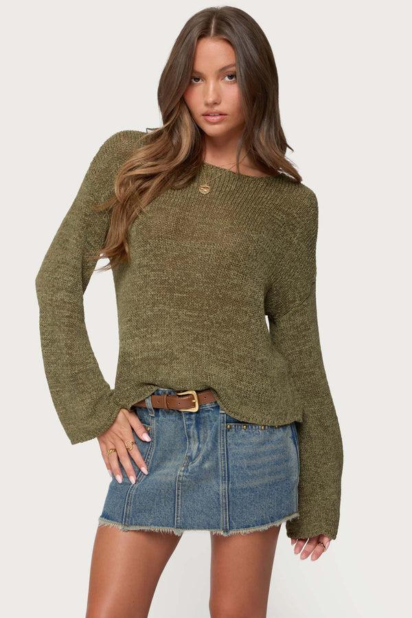 edikted Drop Shoulder Light Knit Sweater olive
