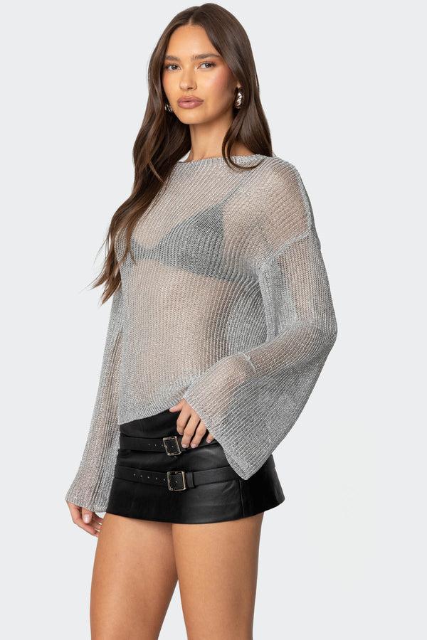 Edikted Drop Shoulder Sheer Knit Sweater Silver