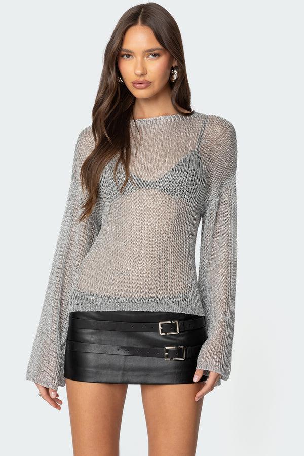 edikted Drop Shoulder Sheer Knit Sweater silver