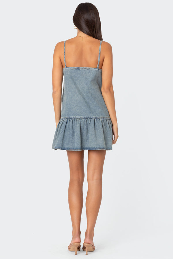Edikted Dylan Denim Mini Dress Blue Washed