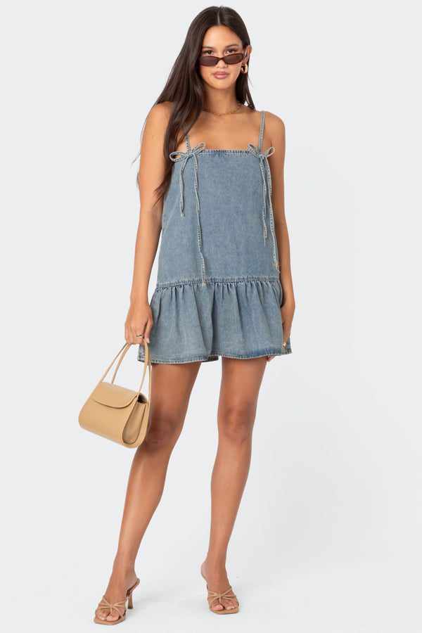 Edikted Dylan Denim Mini Dress Blue Washed