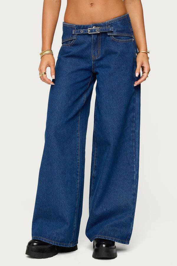 Edikted Edie Belt Detail Low Rise Jeans Blue