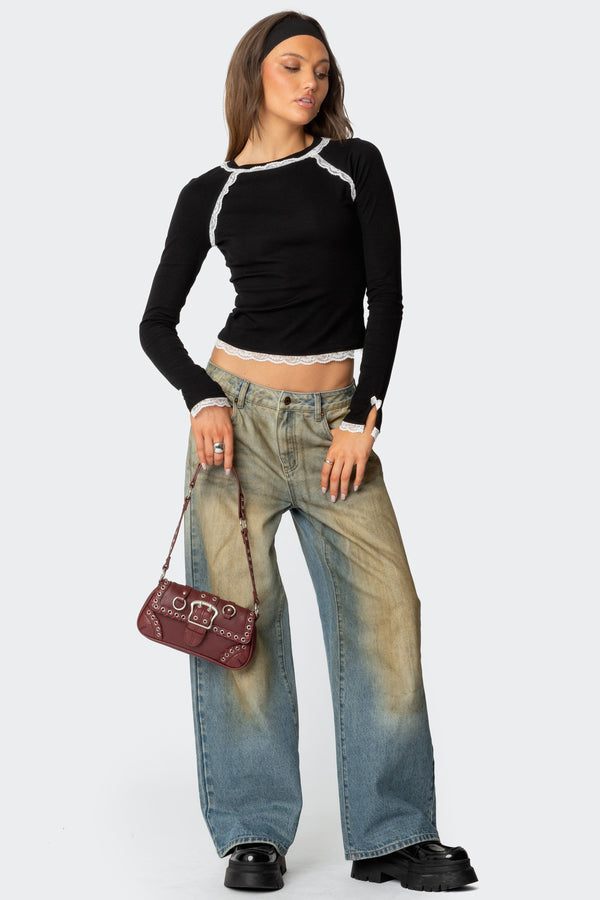 Edikted Edith Lacey Ribbed Top Black And White