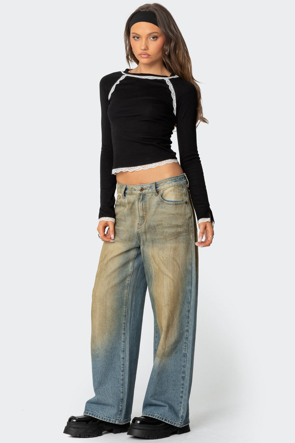 Edikted Edith Lacey Ribbed Top Black And White